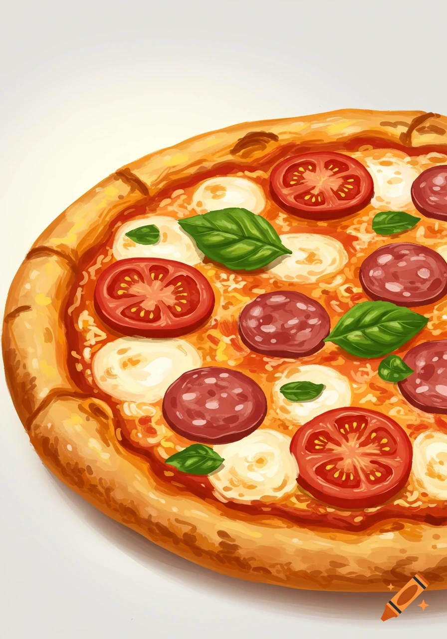 Illustration of a pizza with pepperoni, tomato, mozzarella, and basil.
