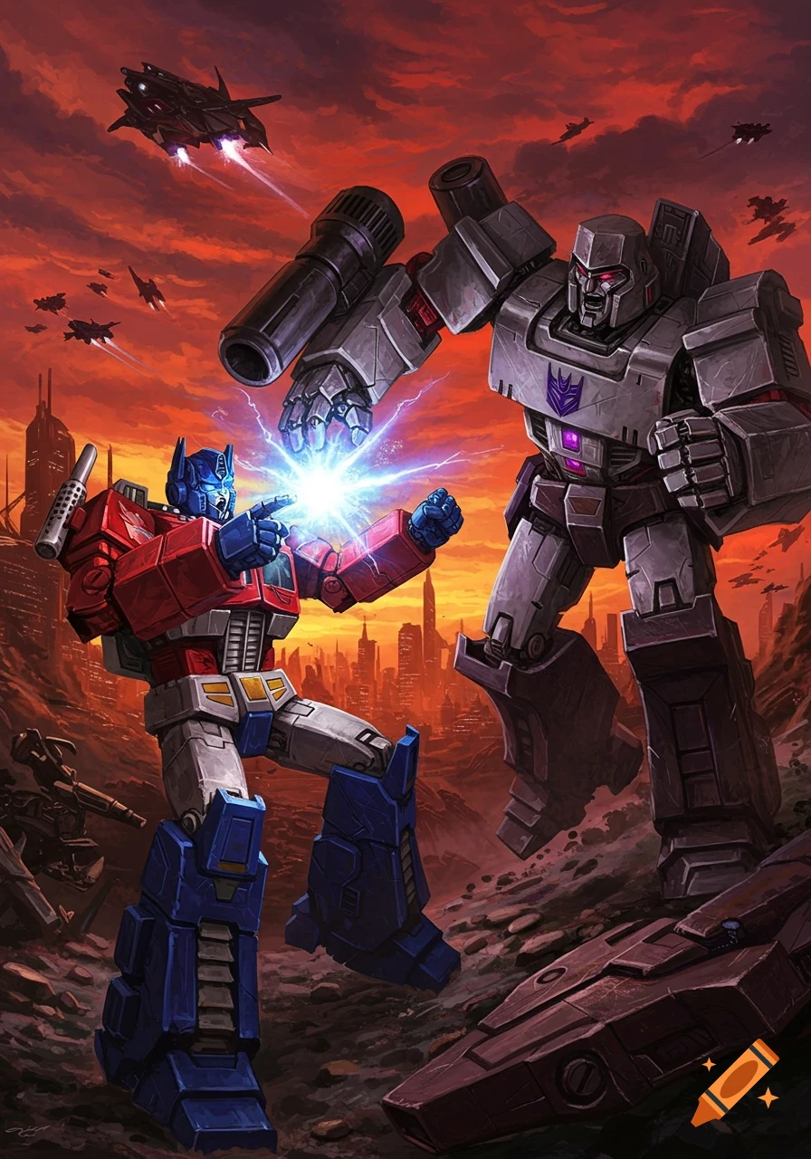 Optimus Prime and Megatron battle in a futuristic city under a fiery sky, with jets flying above, illustration style.