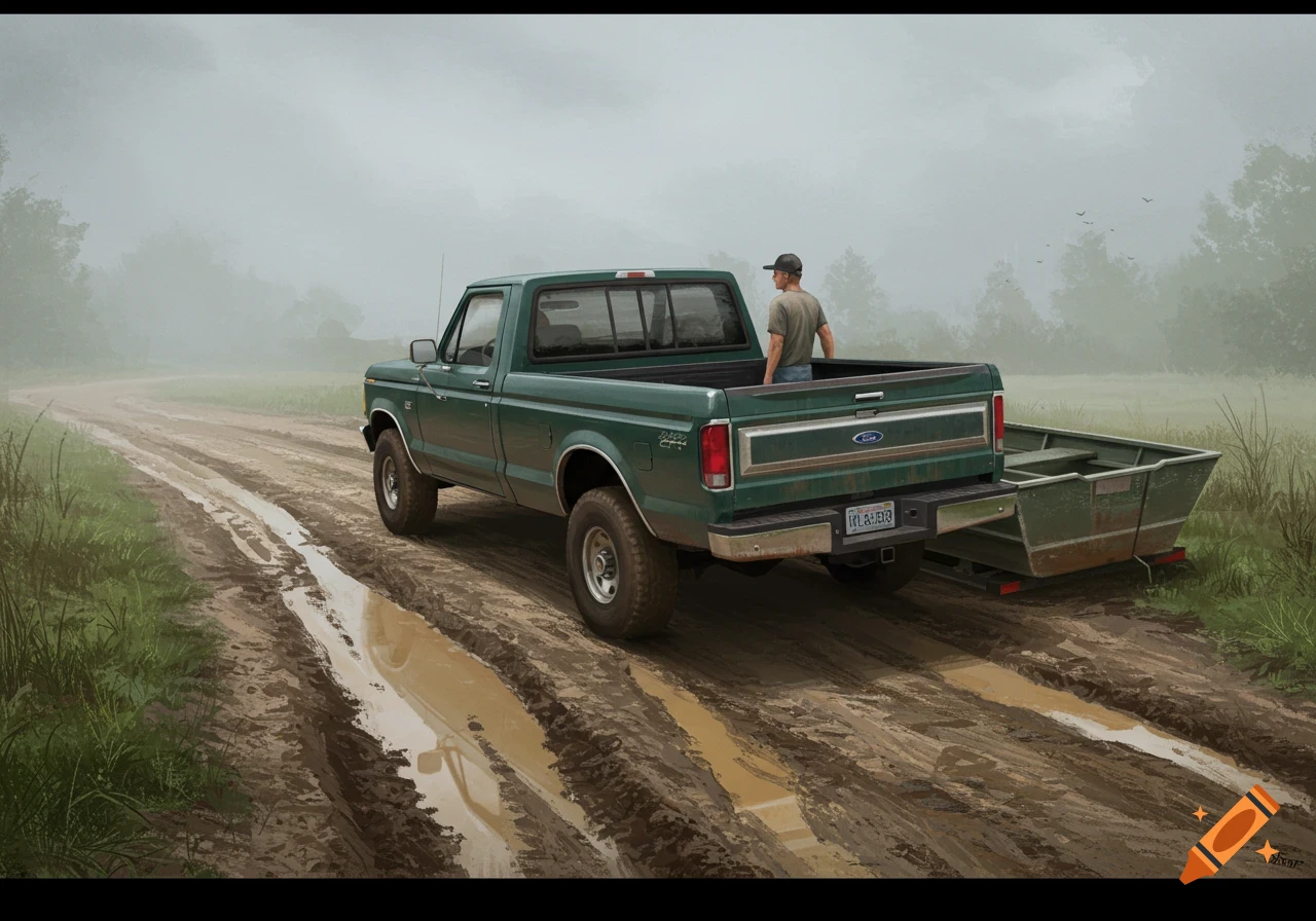 Man in green pickup truck pulls a boat on a muddy road