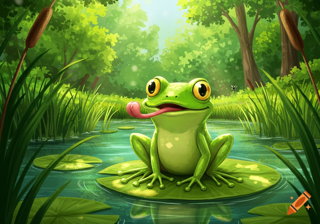 A bright green cartoon frog with large eyes sits on a lily pad in a pond, sticking out its tongue, surrounded by reeds and trees.