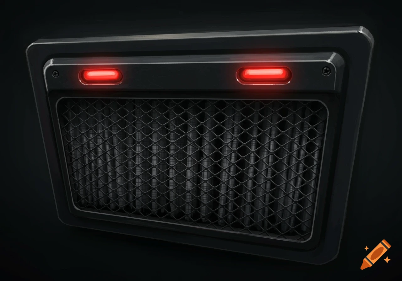 A dark grey mechanical panel with a diamond grille and two red lights on the frame.