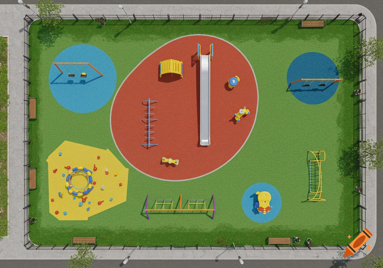 A bird's eye view of a colorful playground featuring swings, slides, monkey bars, and a sandpit.