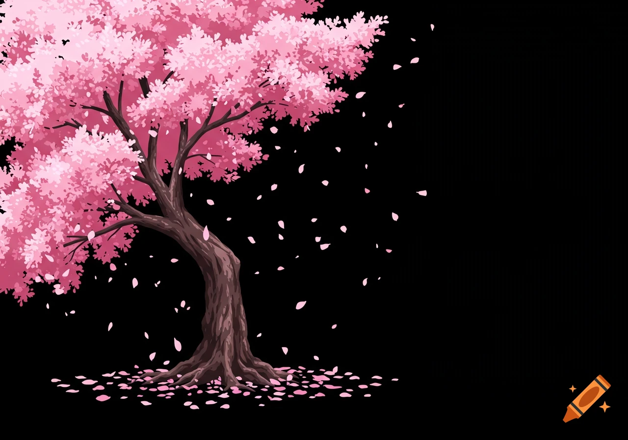 Anime illustration of a pink cherry blossom tree with falling petals on a black background.