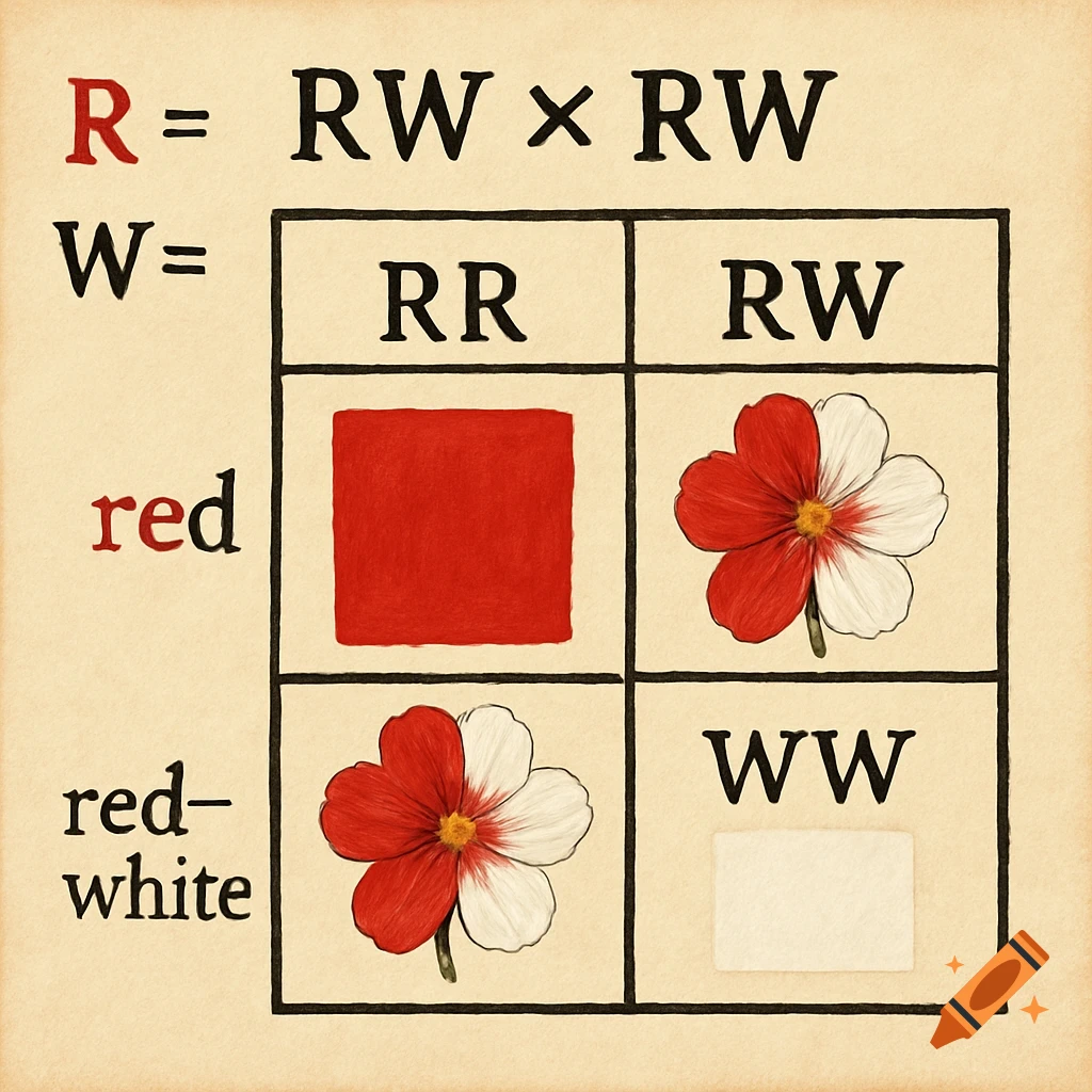 Punnett square diagram showing R=red and W=white gene cross RW x RW, resulting in RR (red square), RW (red-white flower), and WW (white square).