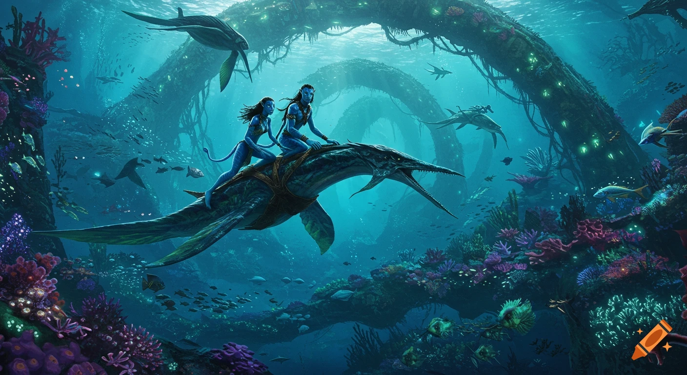 Two blue Na'vi characters ride a large aquatic creature through a vibrant underwater world