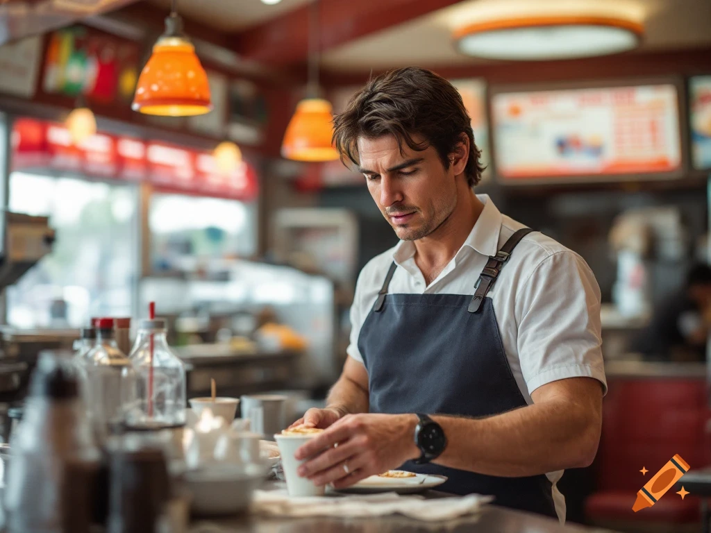 A man in an apron works behind a counter in a diner.