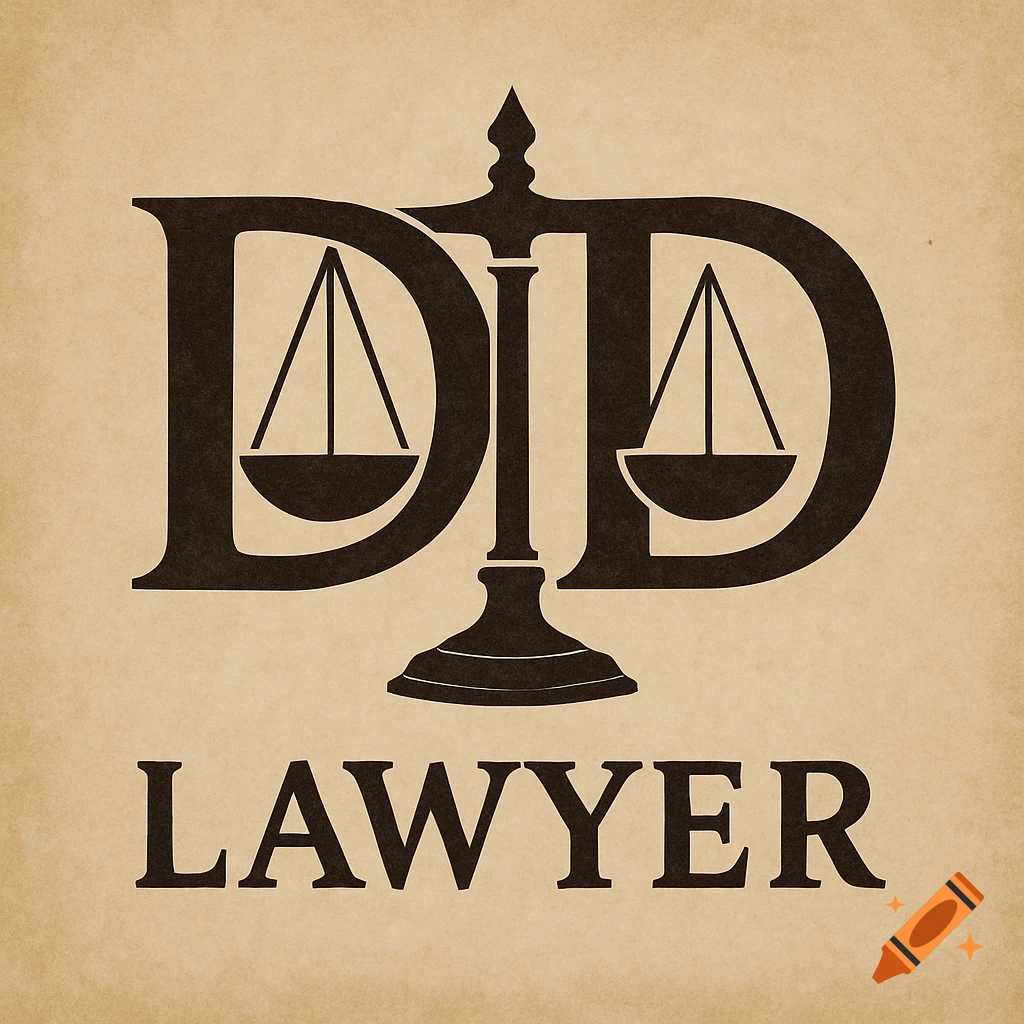 Lawyer logo with scales of justice forming the letters DD above the word LAWYER on a textured background.