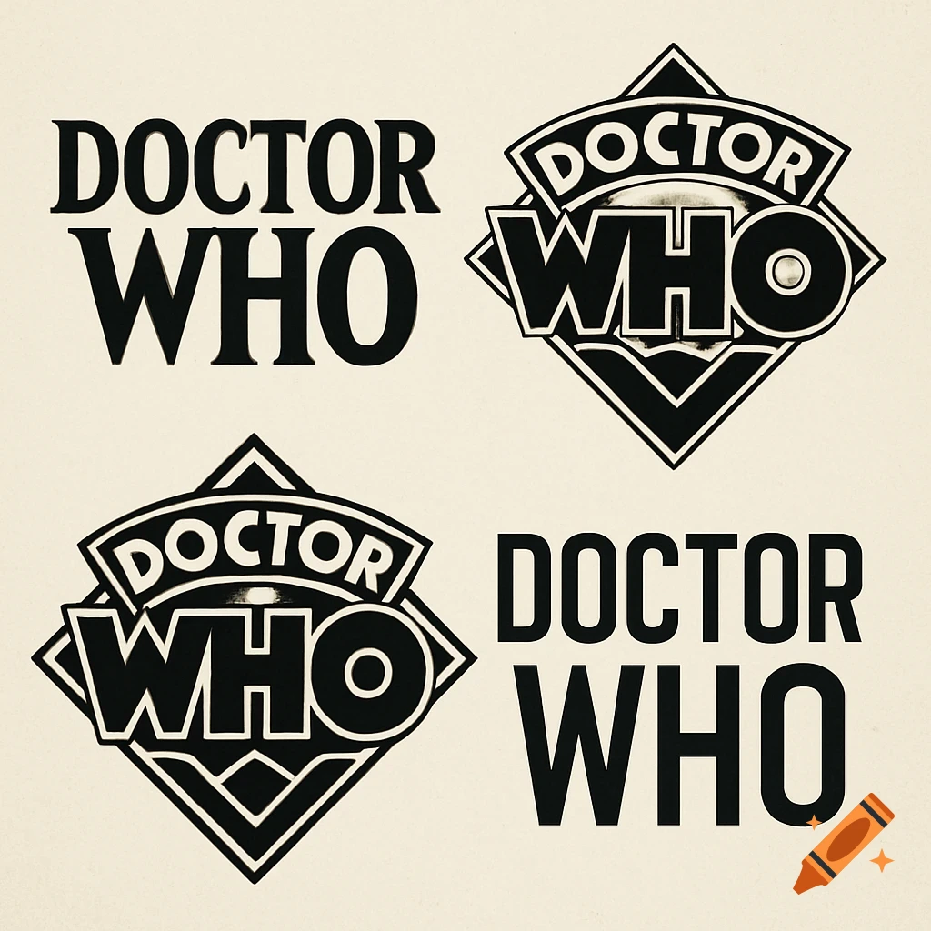 Four black and white Doctor Who logos displayed on a light background.