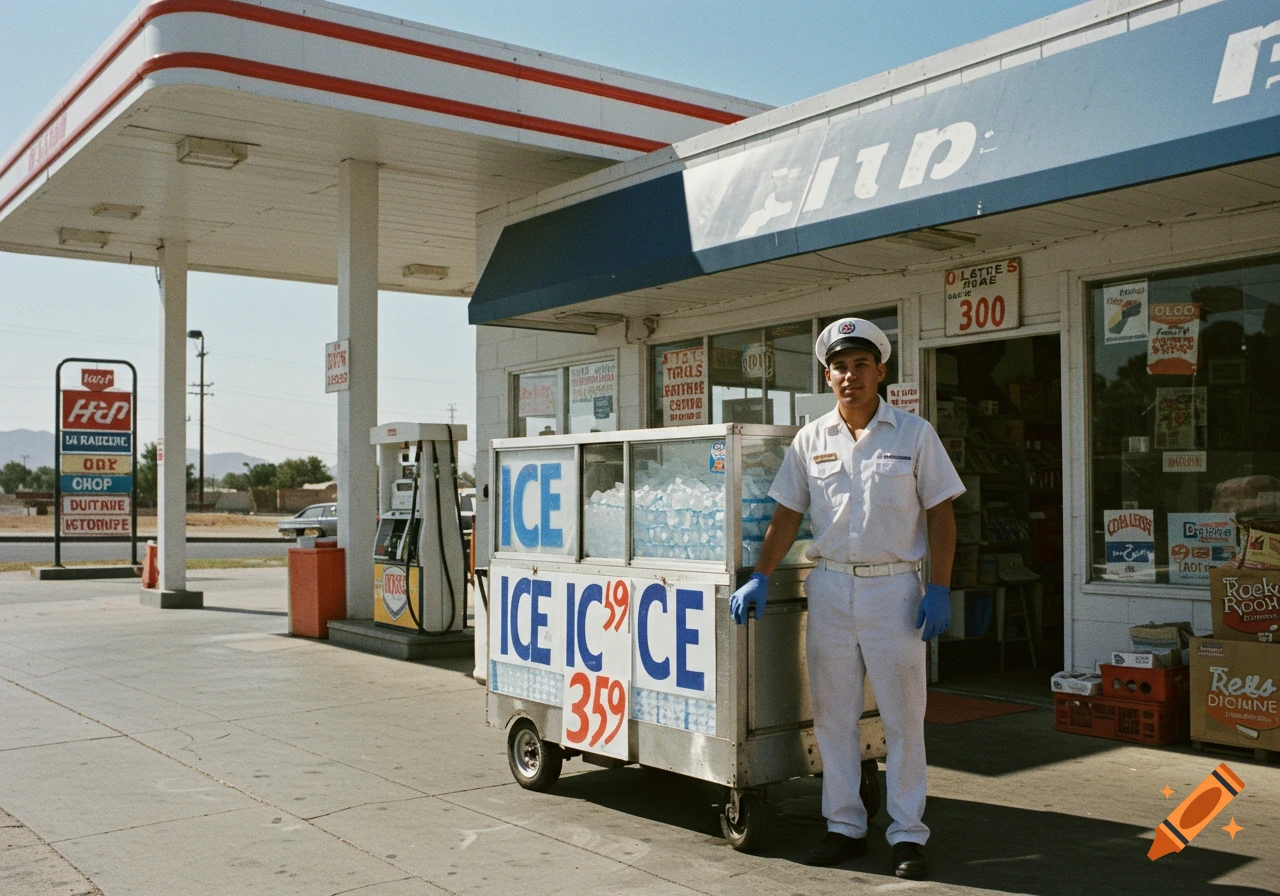 A man in a uniform stands next to an ice cart in front of a gas station and convenience store.