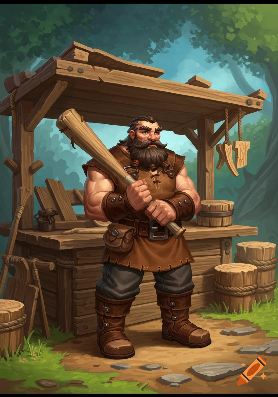 Muscular fantasy character with a beard holds a wooden bat in front of a wooden stall in a forest.