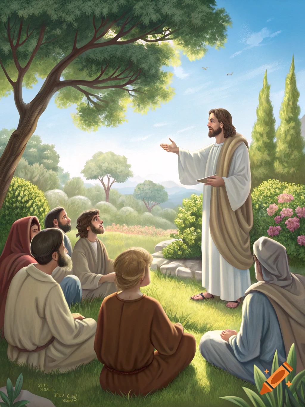 Illustration of Jesus teaching disciples sitting on grass under a tree.