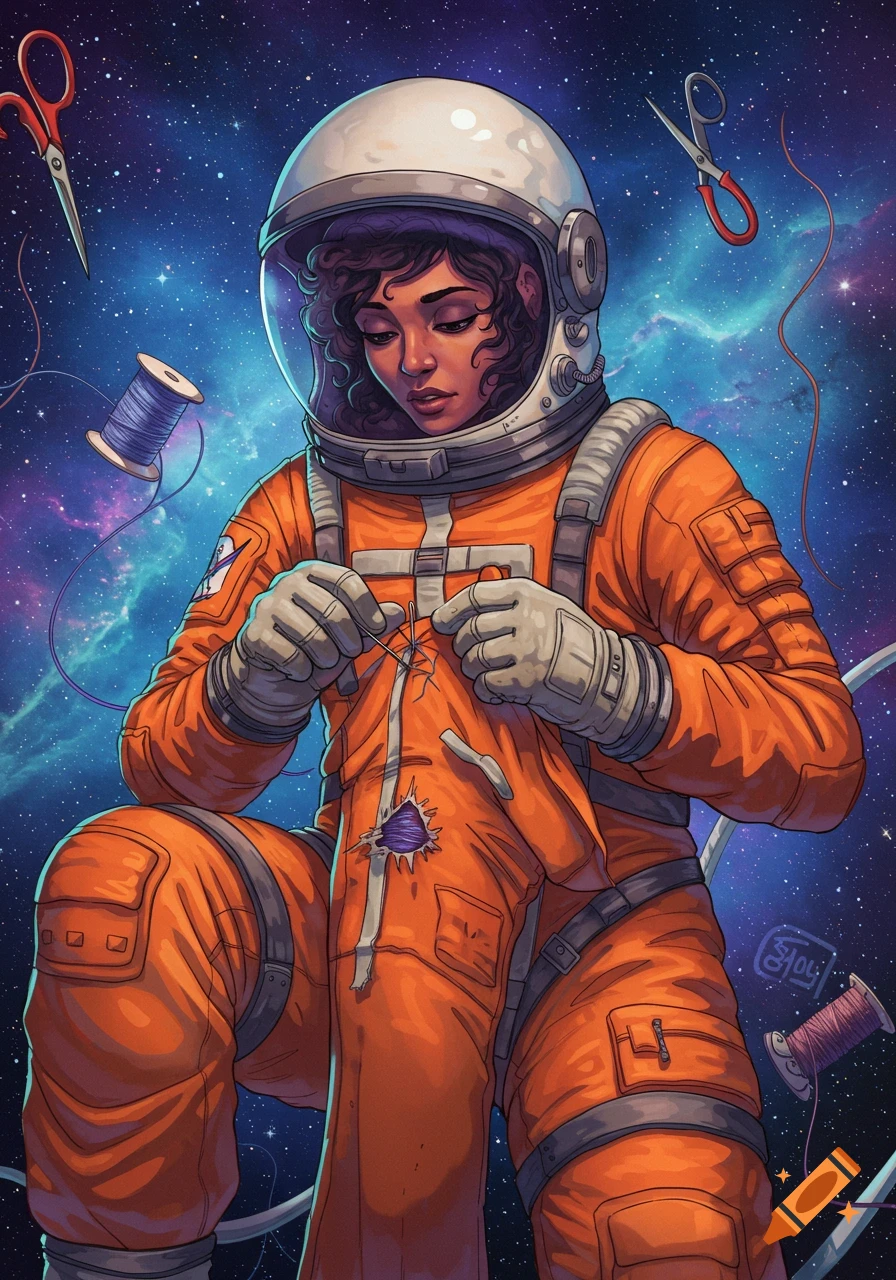 An astronaut in space sews a tear in their orange spacesuit with thread and scissors floating around.