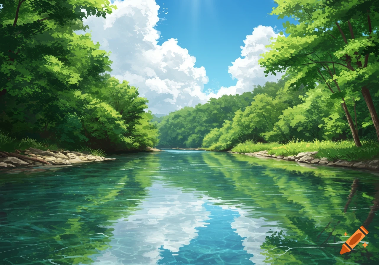 A river flows through a lush green forest under a sunny sky with white clouds, rendered in a vibrant anime art style.