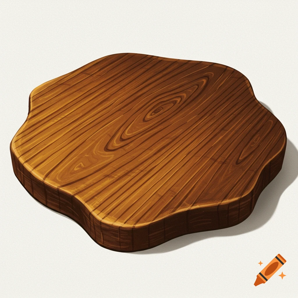 Stylized wooden trivet with natural edge and textured wood grain.