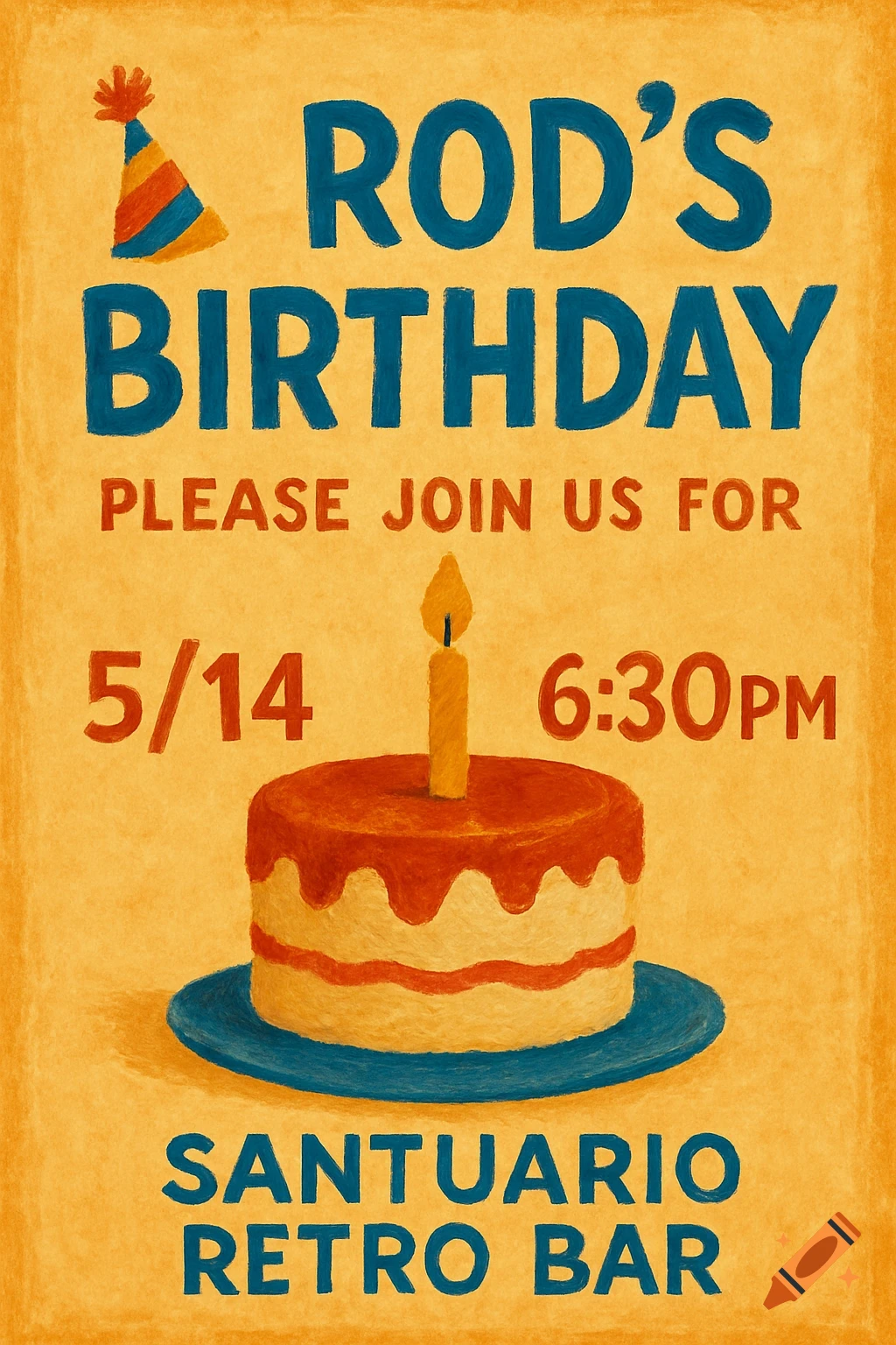 Birthday invitation with text and cake in a textured style.