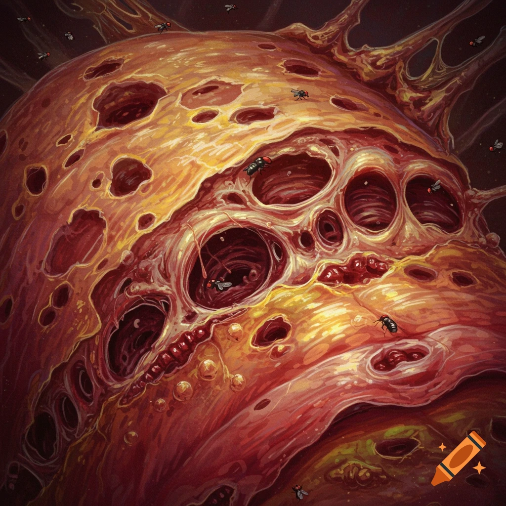 Close-up of porous, decaying organic matter with flies in a dark, stylized illustration.