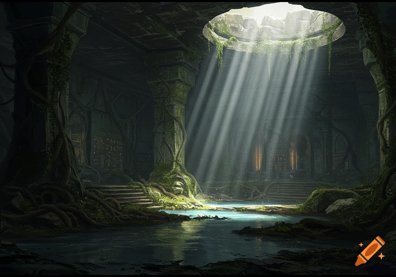 An ancient stone chamber, overgrown with vines and moss, featuring a pool of water and sun rays streaming through a hole in the ceiling.