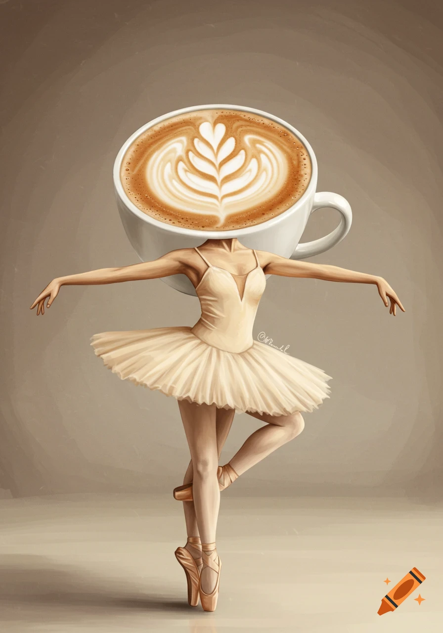 Illustration of a ballerina in a pale dress with a coffee cup and latte art pattern for a head, standing en pointe.