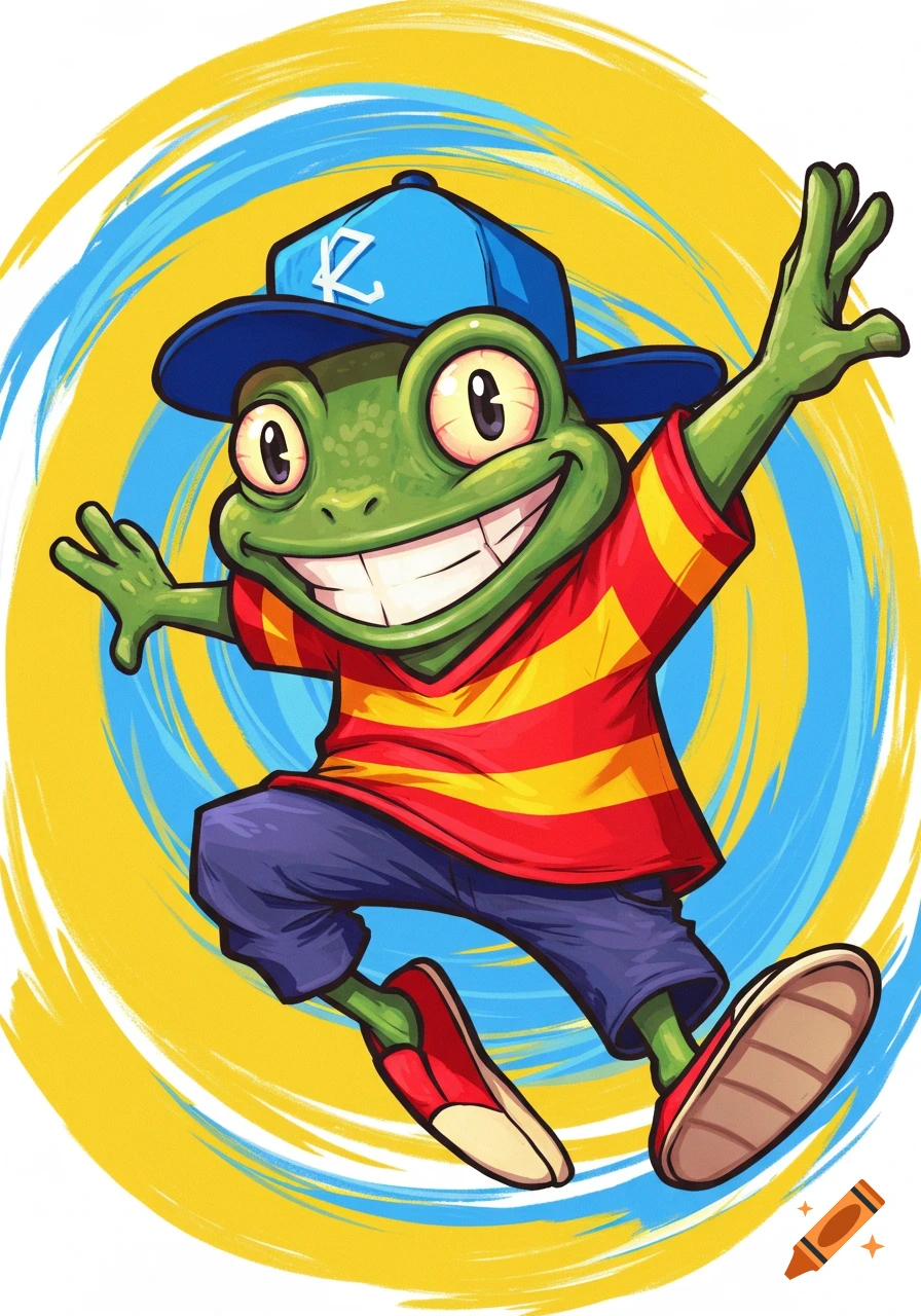 Cartoon illustration of a frog wearing a striped shirt and baseball cap jumping.