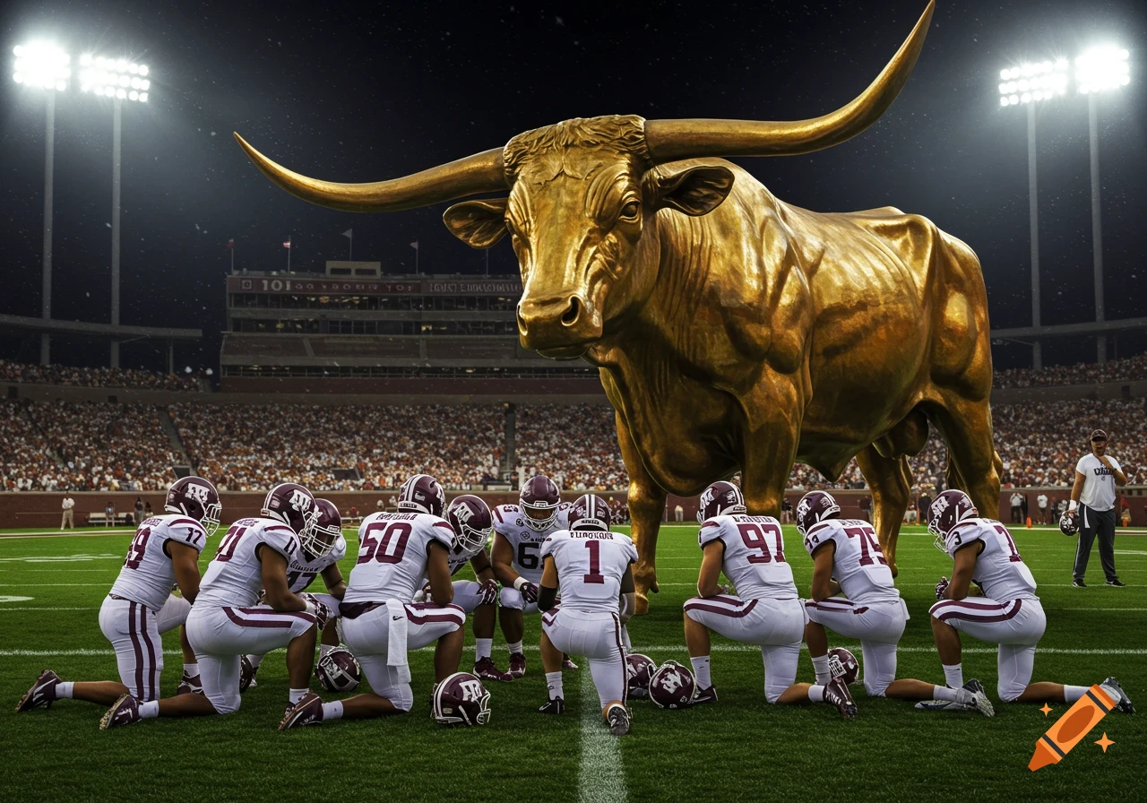 American football players kneel on a field facing a giant golden longhorn statue at night in a stadium.