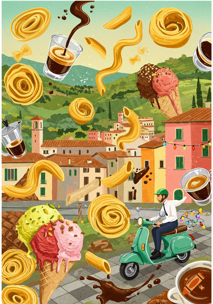 Illustrative scene of Italian food, coffee, and a scooter floating over a town landscape.