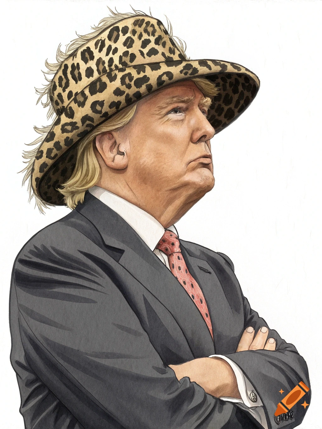 Illustration of Donald Trump wearing a leopard print hat with crossed arms.