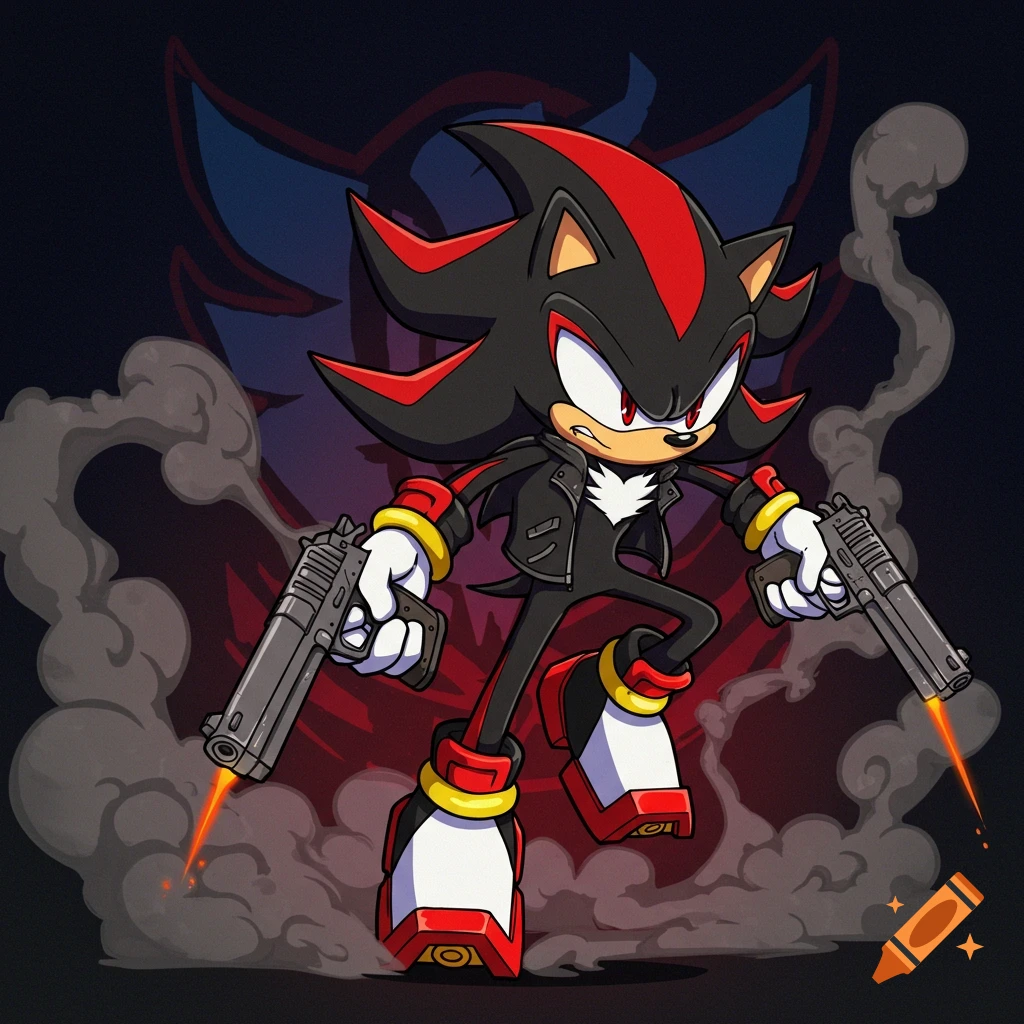 Shadow the Hedgehog in a leather jacket holds smoking pistols in a cartoon style.