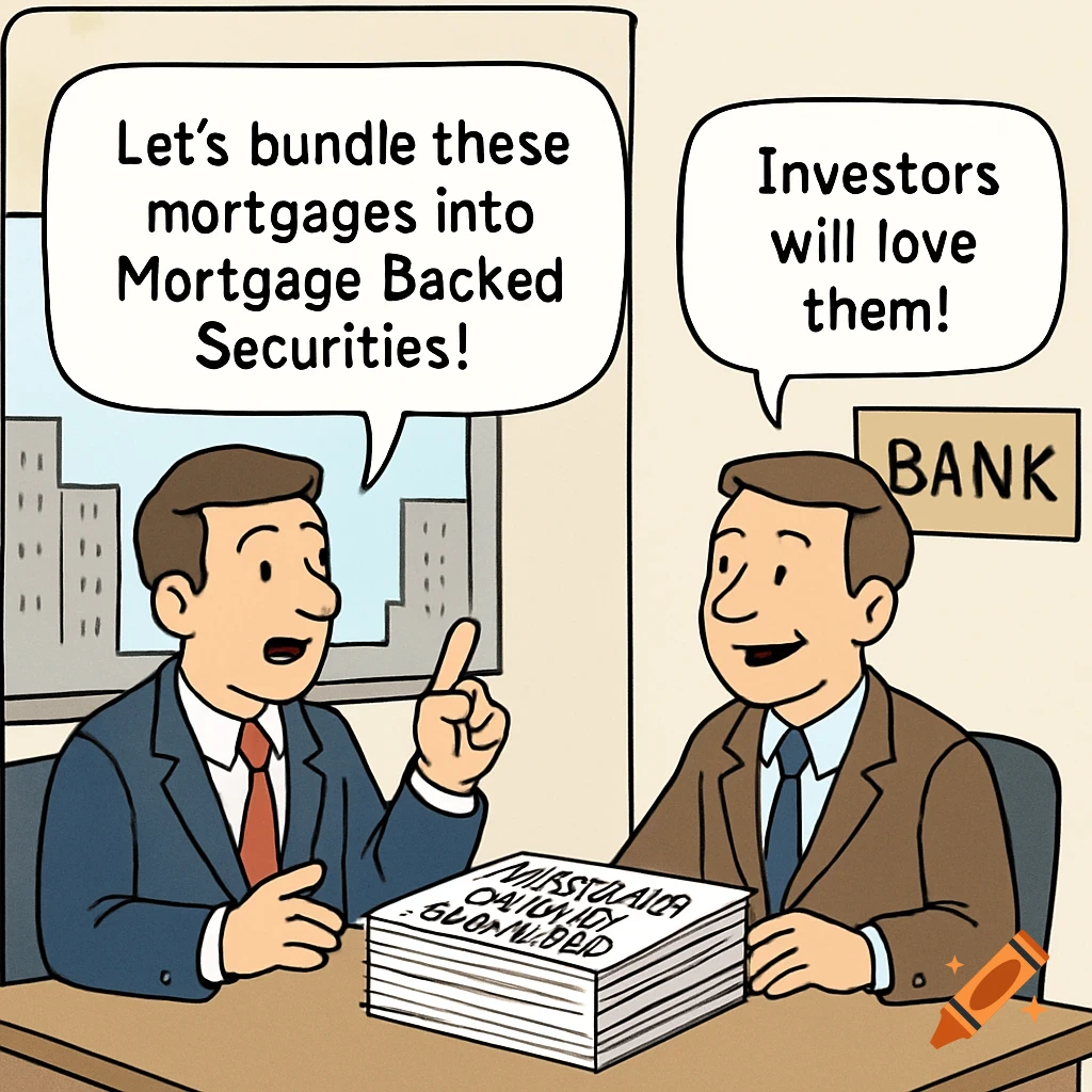 Cartoon of two bankers discussing bundling mortgages into securities, with speech bubbles and text on papers.