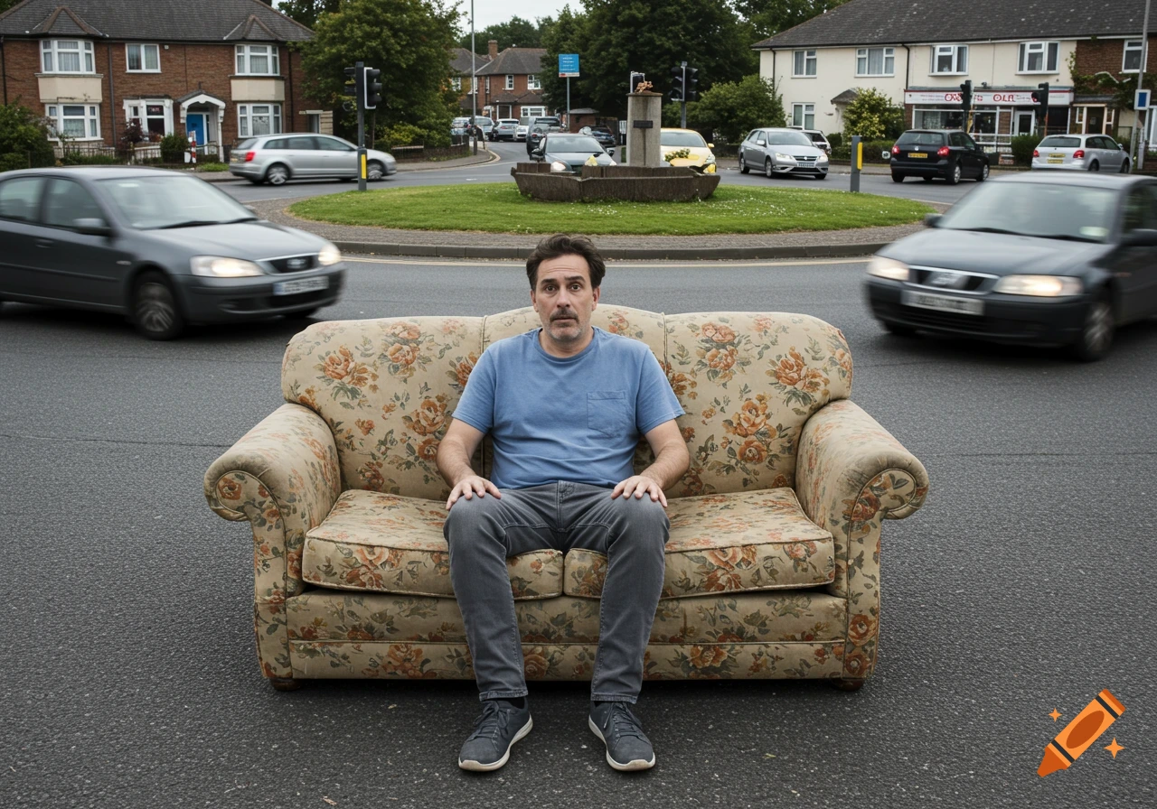 A man sits on a floral sofa in the middle of a busy traffic roundabout as cars blur past in a realistic photo.