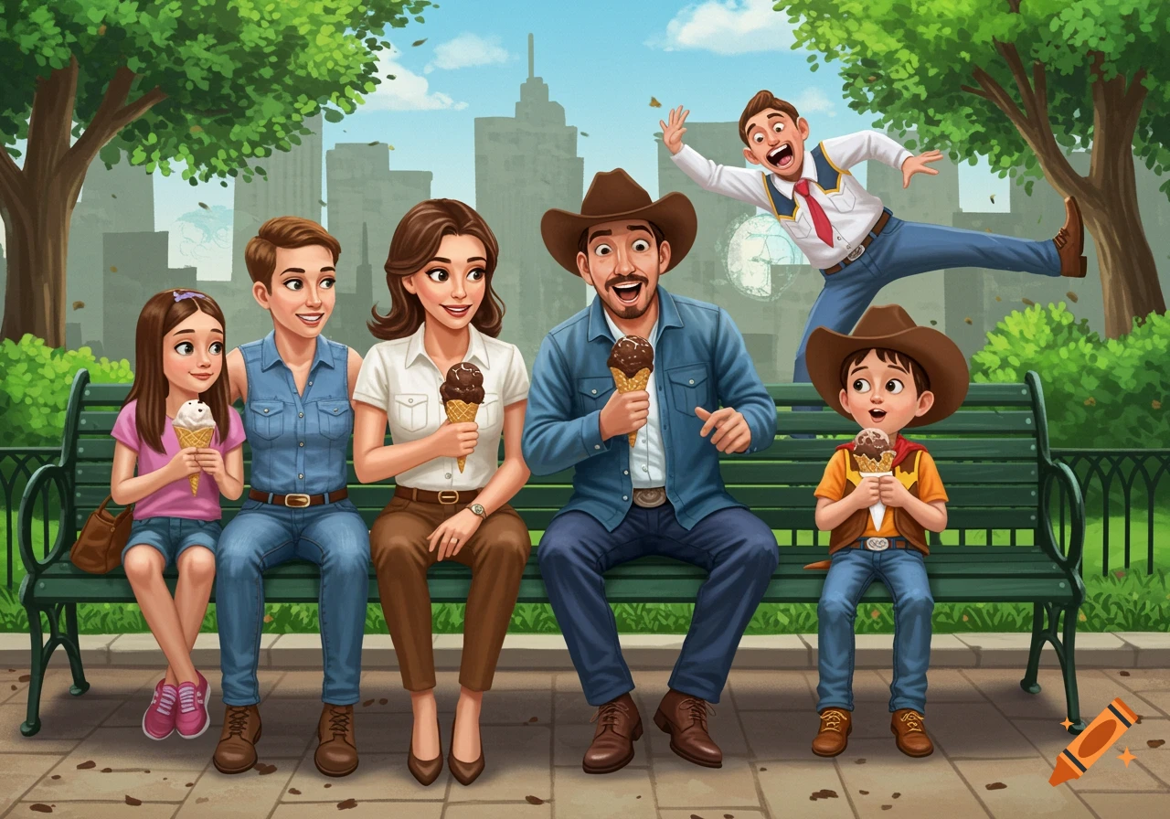 Family sitting on a park bench eating ice cream, with a man in a cowboy hat jumping behind them. Illustration.