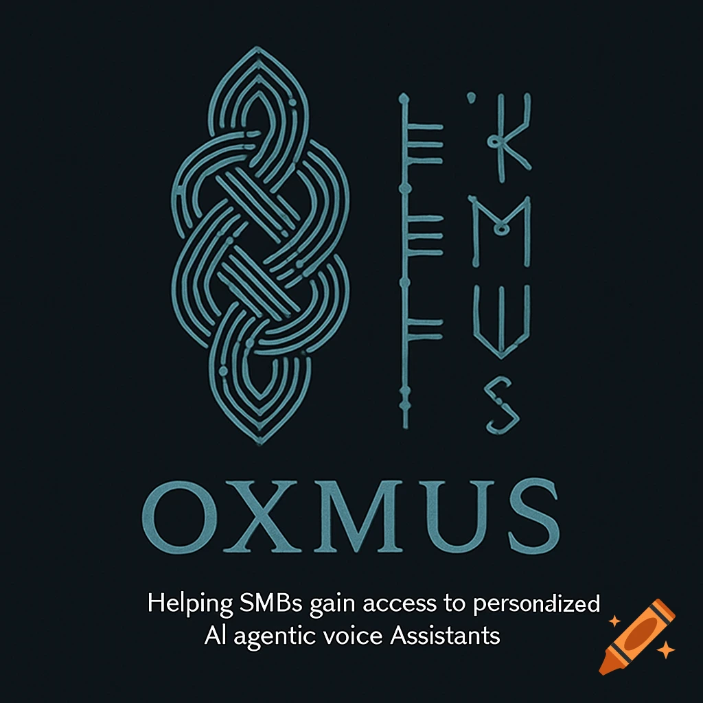 A logo with a complex teal Celtic knot and vertical Ogham inscription next to the teal text "OXMUS" and the smaller white text "Helping SMBs gain access to personalized AI agentic voice Assistants" on a dark background.