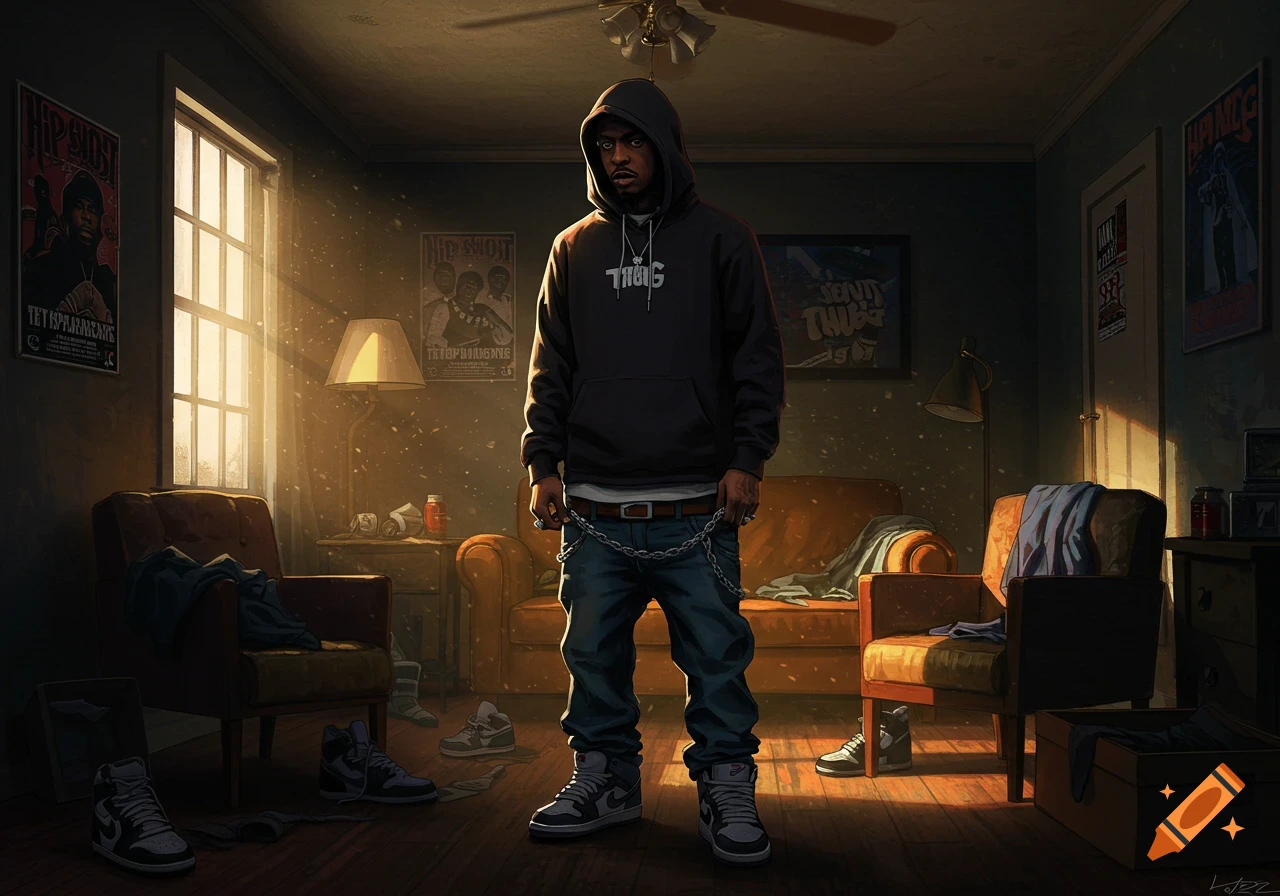 An illustration of a man in a black hoodie and jeans standing in a dimly lit room with posters, furniture, and sneakers.