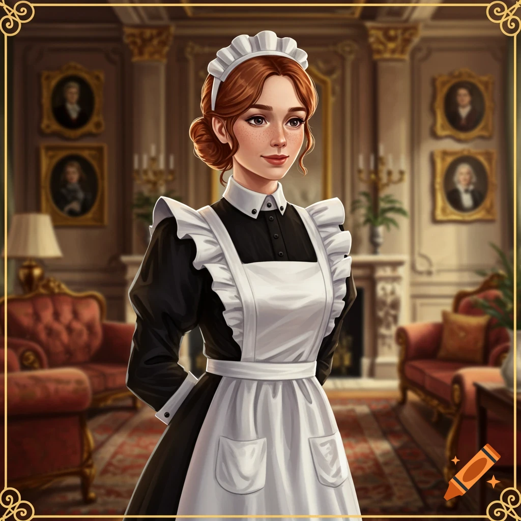 An illustration of a woman in a maid outfit standing in a room.