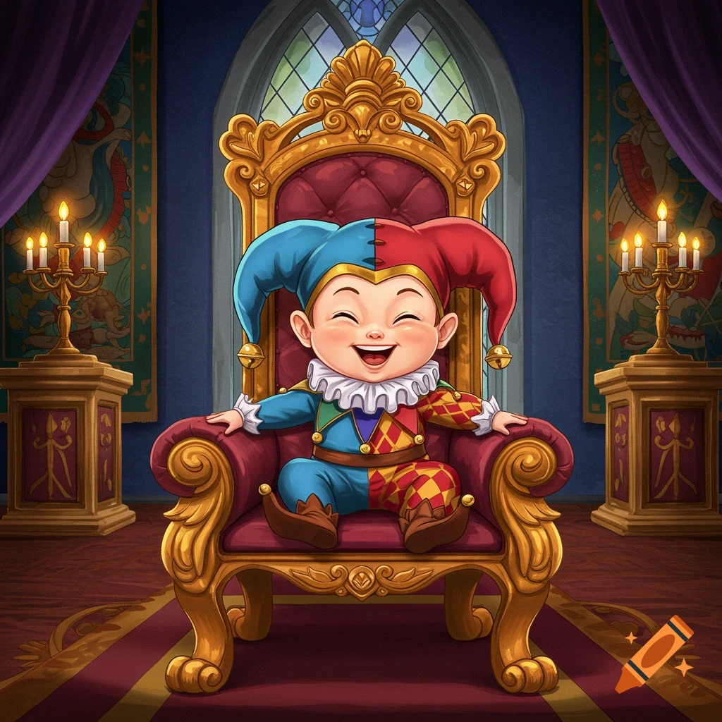 A cartoon baby jester sits on a golden throne in a royal hall.