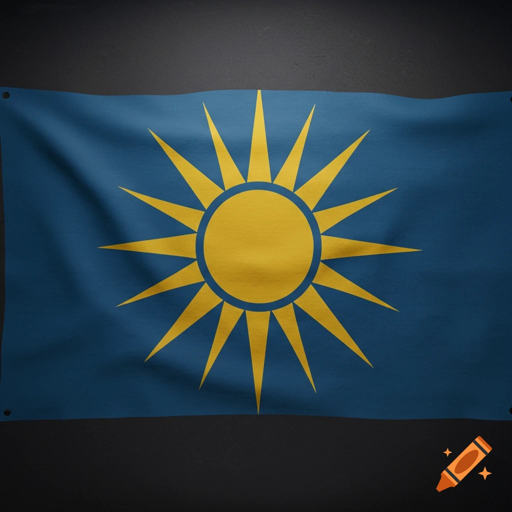 A blue flag with a yellow sun symbol