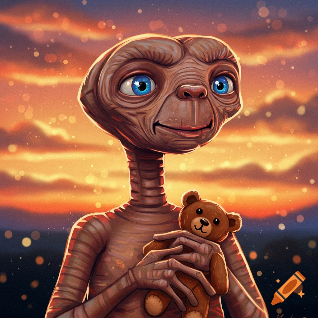 ET the extraterrestrial holds a teddy bear against a vibrant sunset background in an illustration.