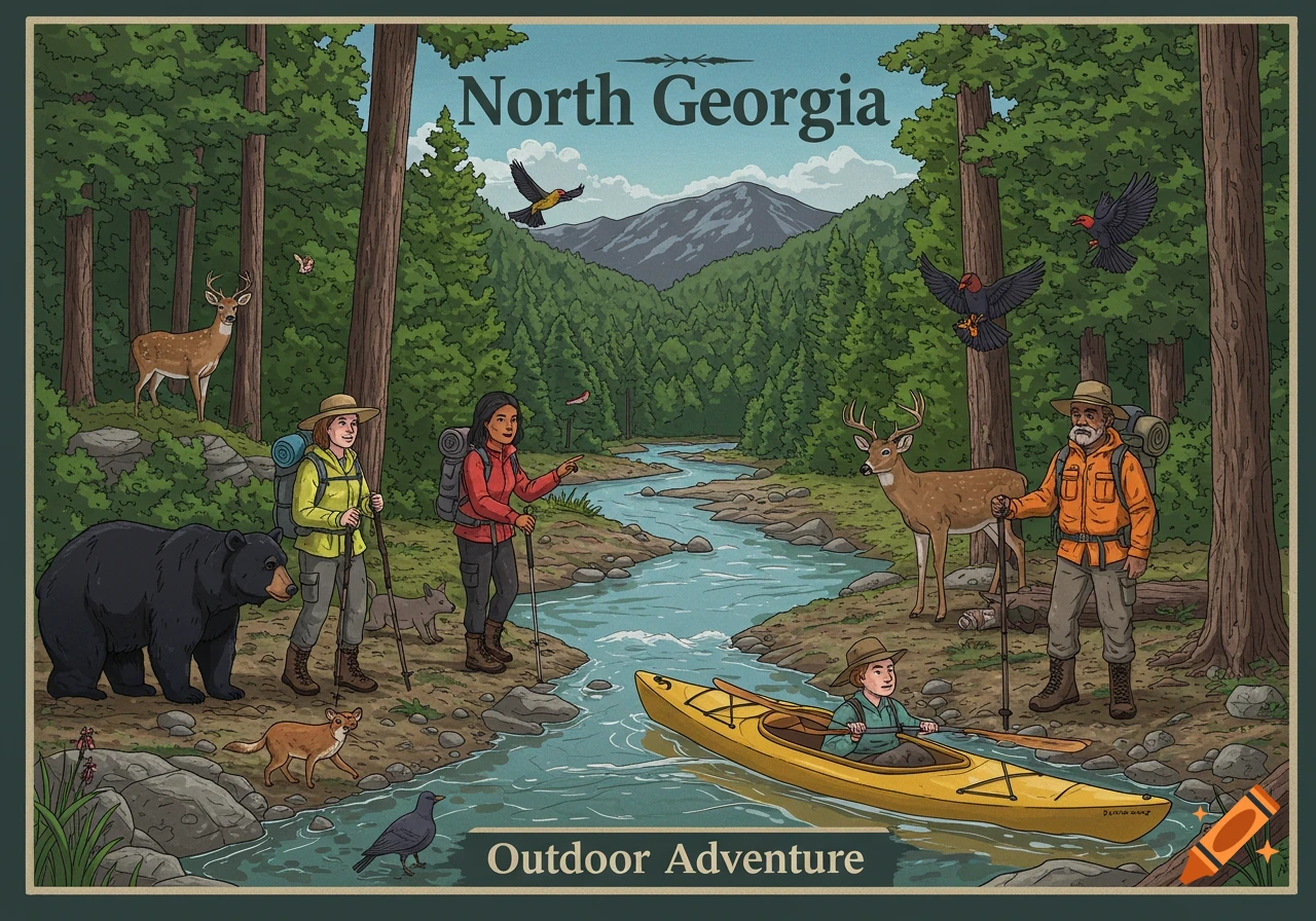 Illustrated scene of outdoor adventure in North Georgia with hikers, kayaker, bear, deer, and other animals in a forest.