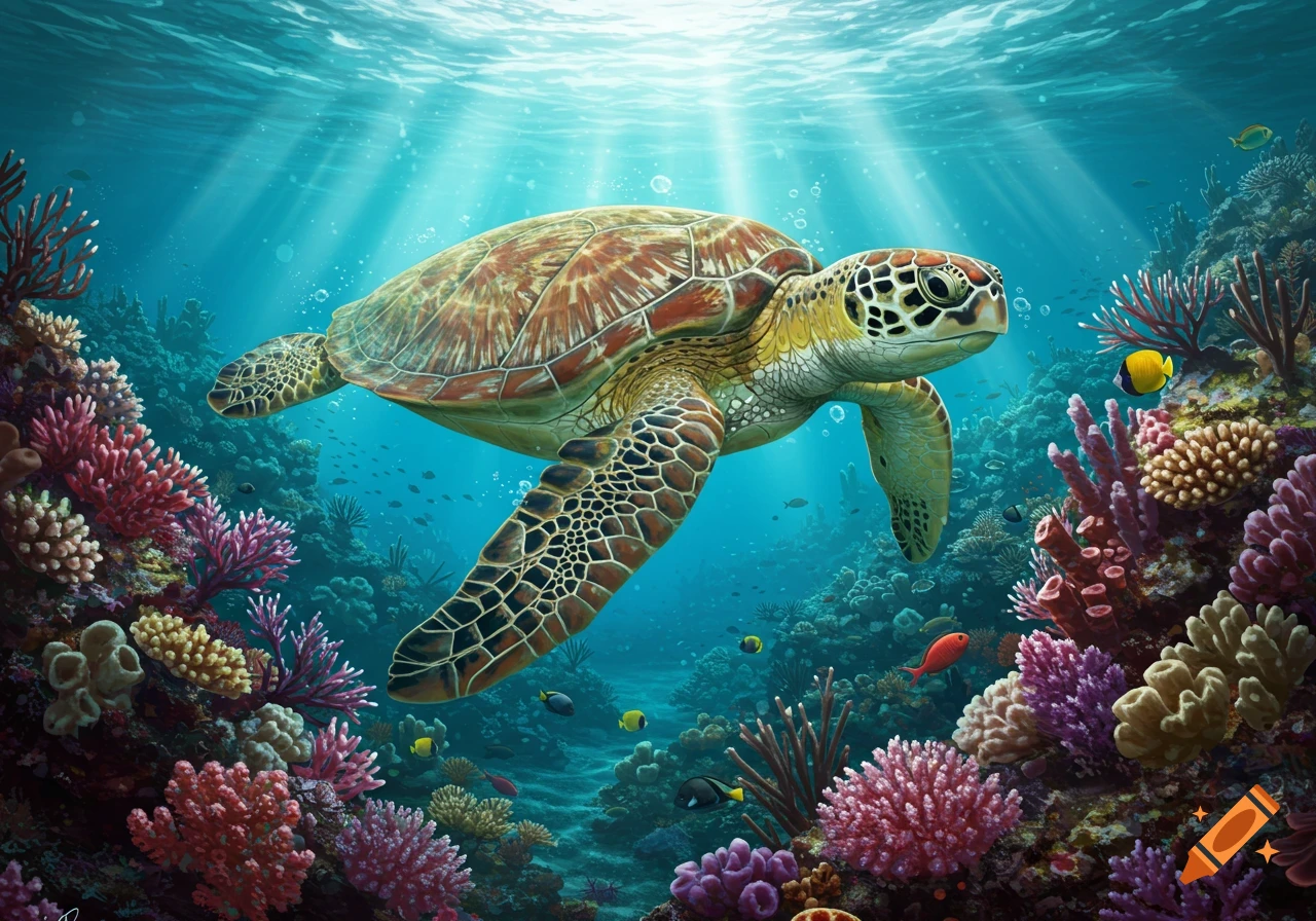 Green sea turtle swimming over colorful coral reef