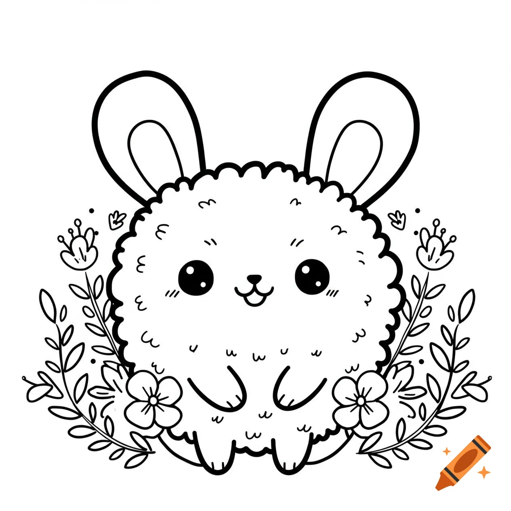 Black and white outline drawing of a fluffy, cute bunny surrounded by flowers