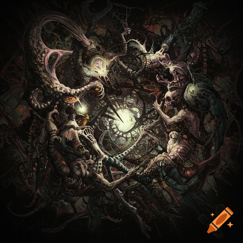 A dark, chaotic, abstract illustration of grotesque, intertwined organic and mechanical forms.