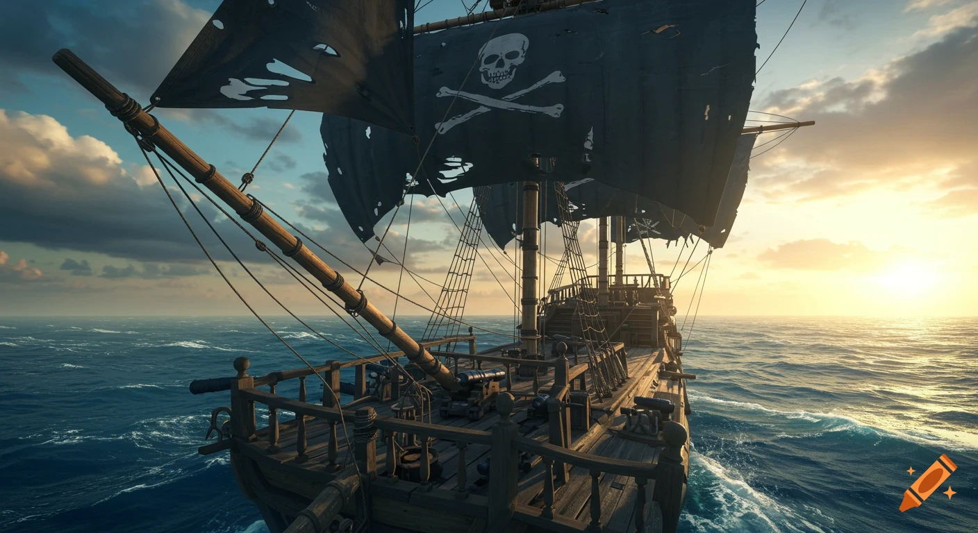 A pirate ship with a skull and crossbones flag sails on the ocean at sunset.