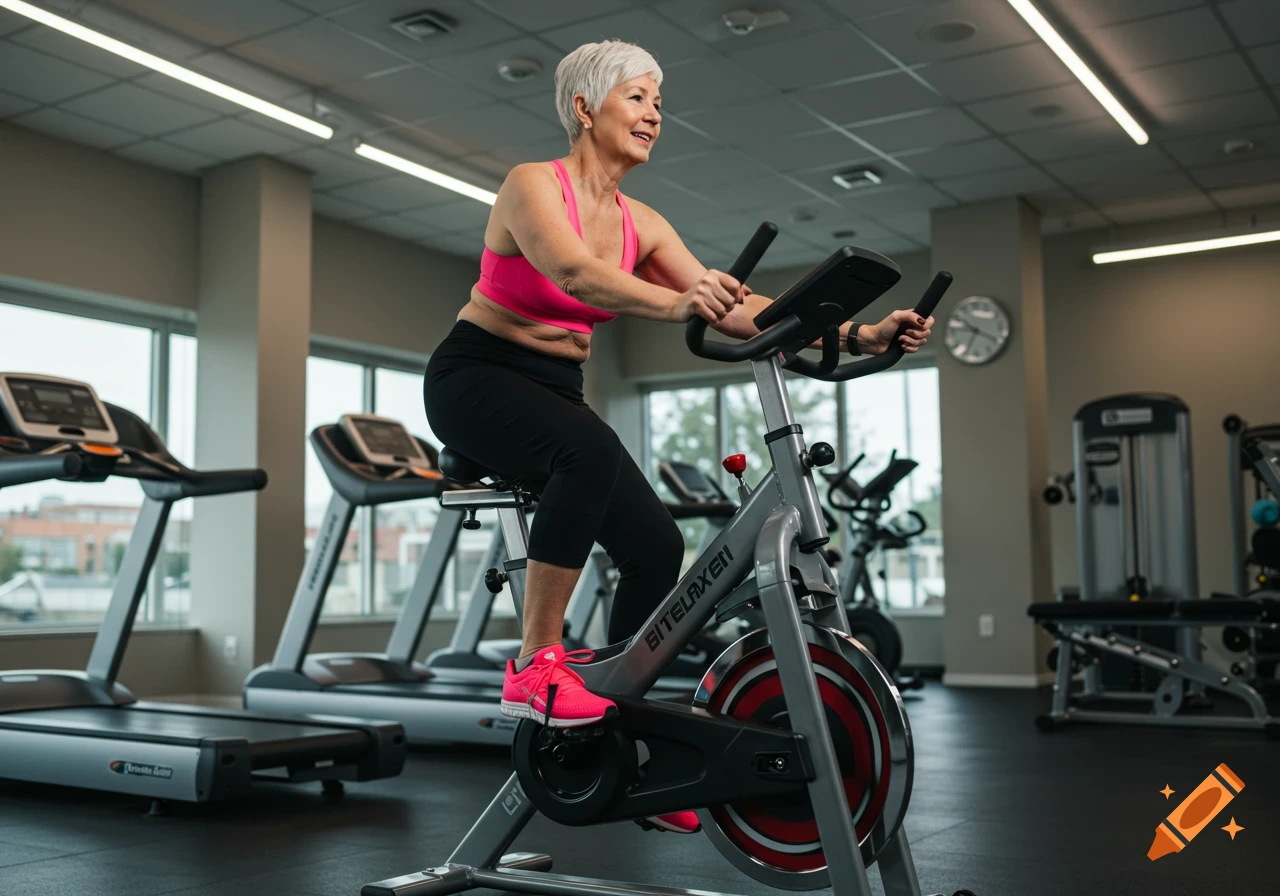 Elderly woman riding an exercise bike in a gym.