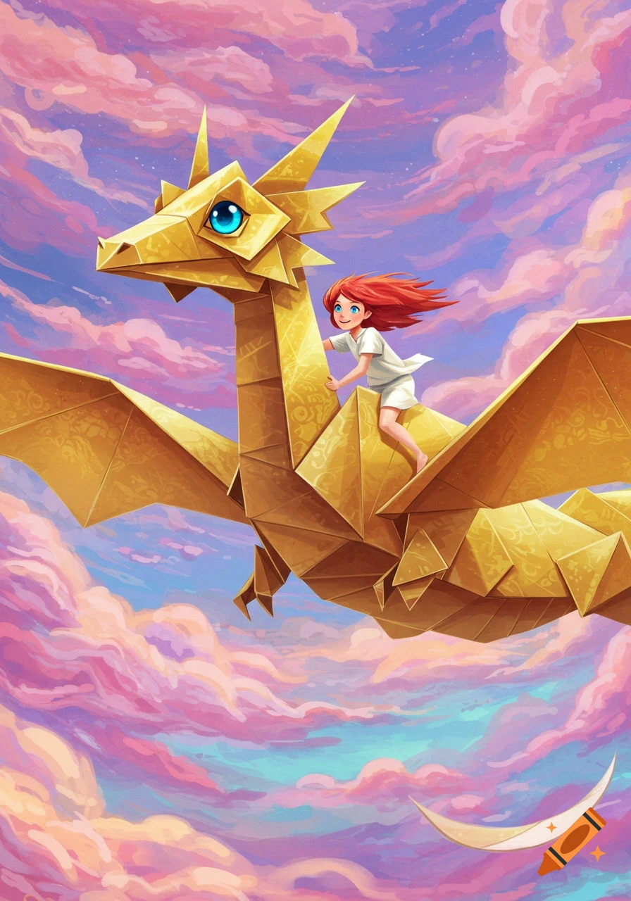 A red-haired girl rides a golden origami dragon through a sky filled with pink and purple clouds.