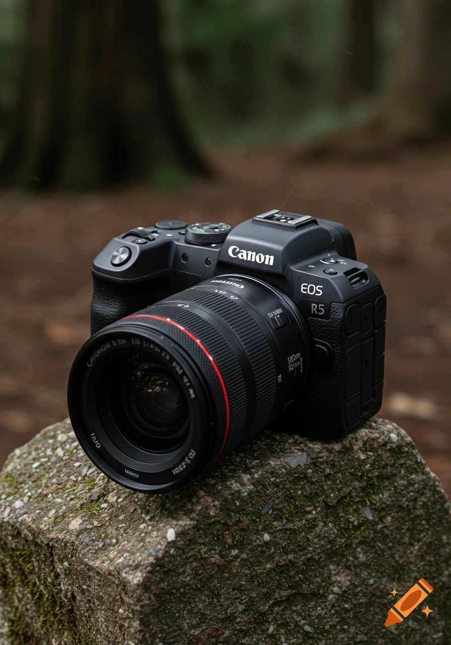 A black Canon camera sits on a mossy rock in a forest.