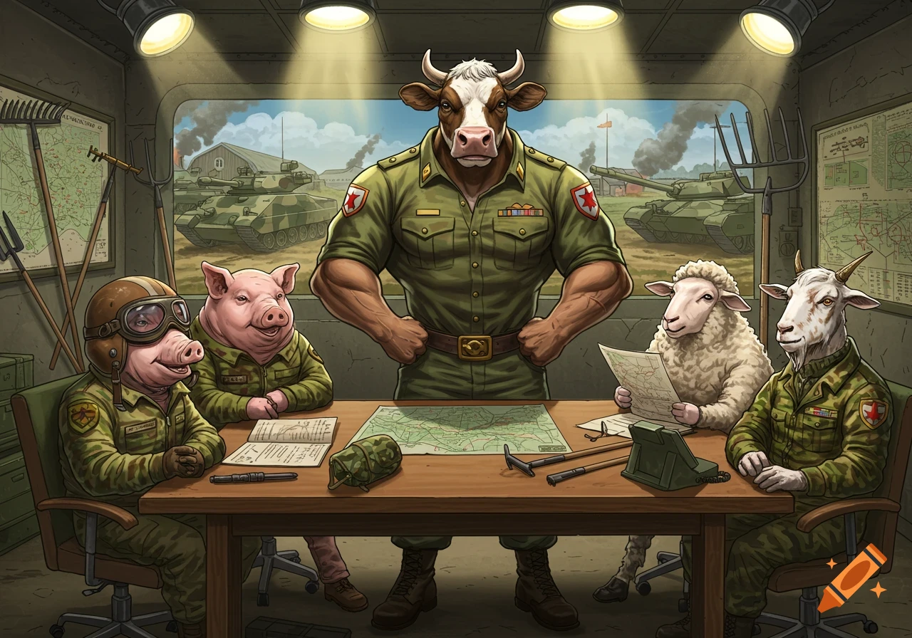 Anthropomorphic farm animals in military uniforms at a strategy briefing