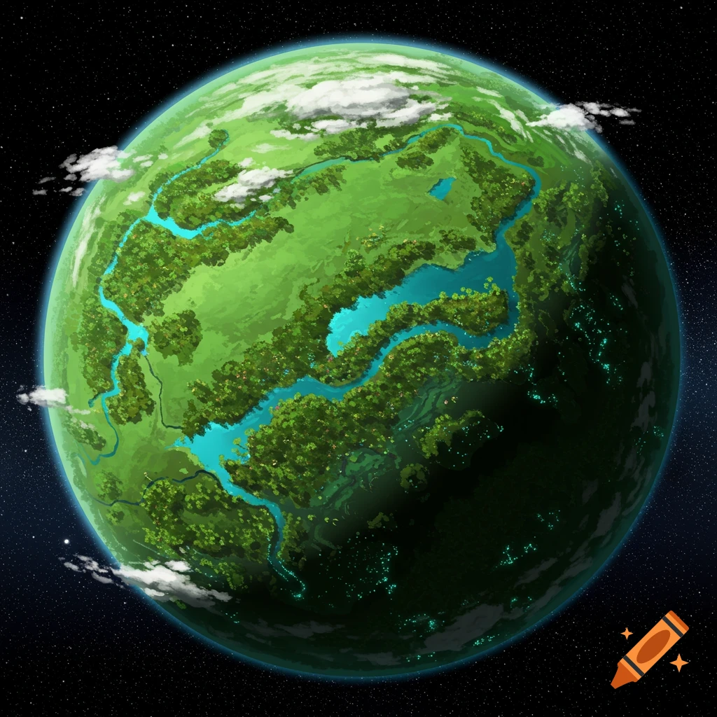 A cartoon style green planet with blue rivers and green landmasses seen from space.