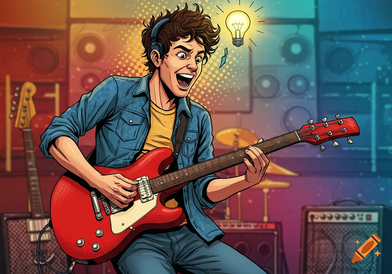 Cartoon illustration of an excited musician playing a red guitar with a light bulb above his head.