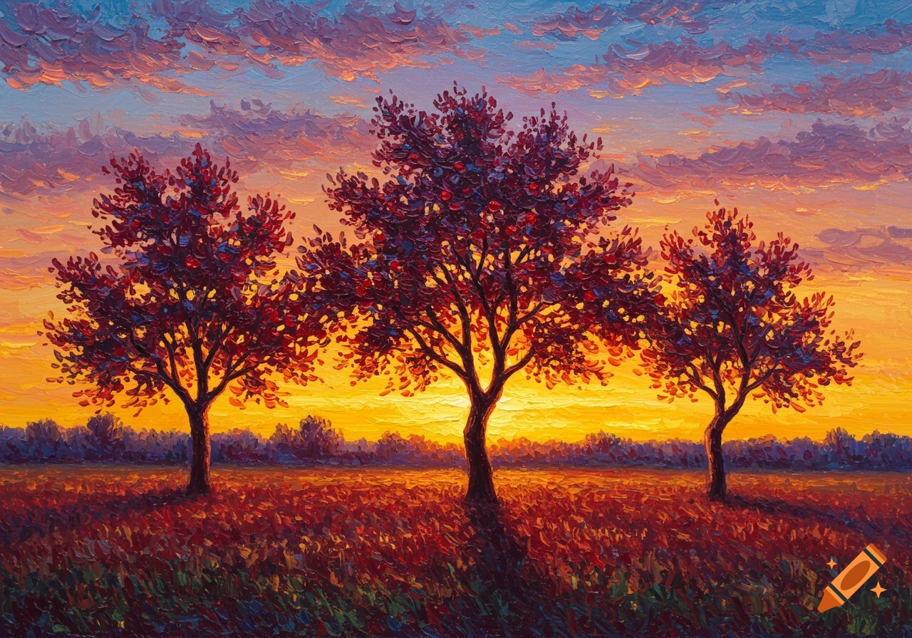 Impasto painting of three trees in a field at sunset with vibrant colors.
