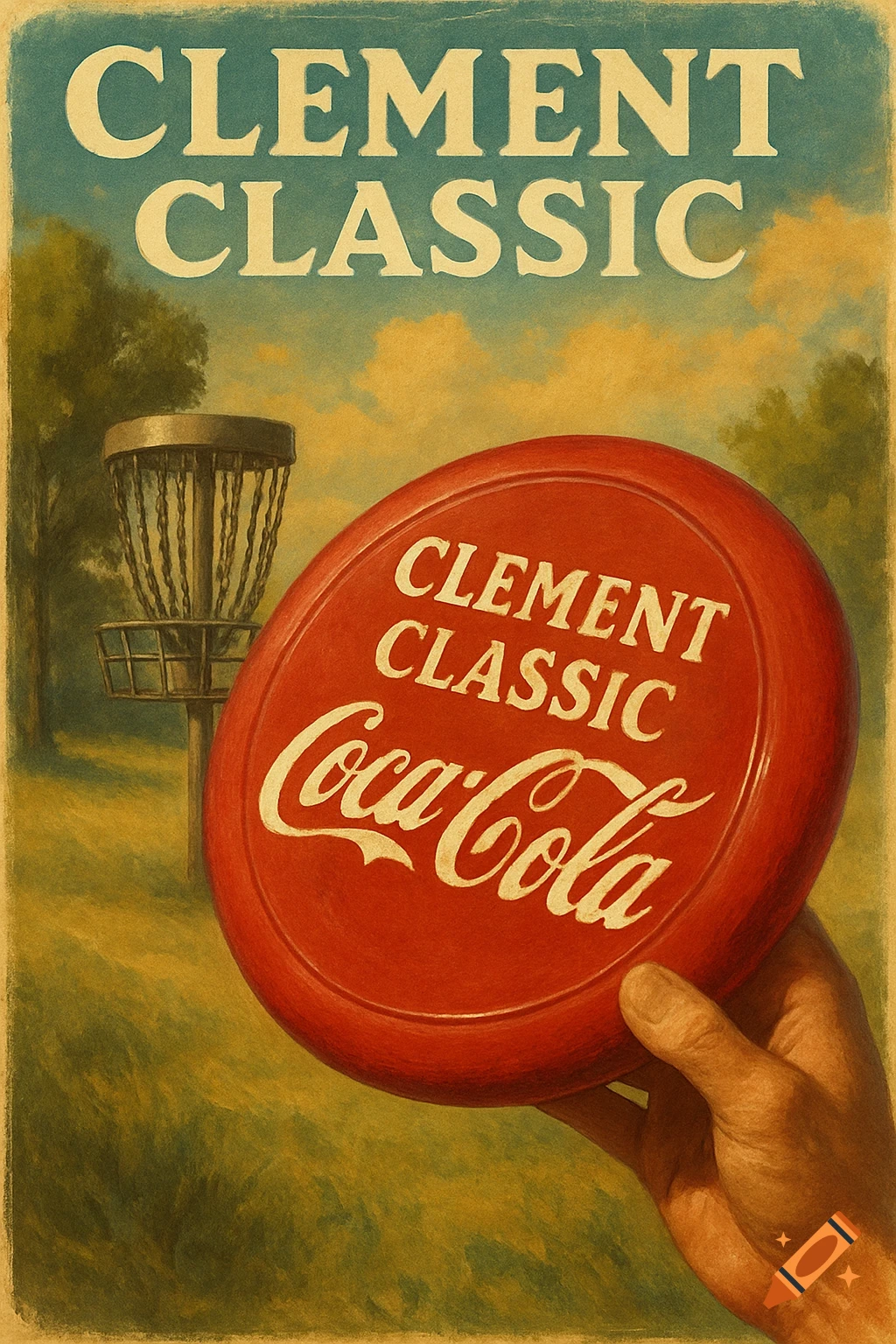 Hand holds a red disc golf disc with 'CLEMENT CLASSIC Coca-Cola' text near a disc golf basket in a field, vintage poster style.