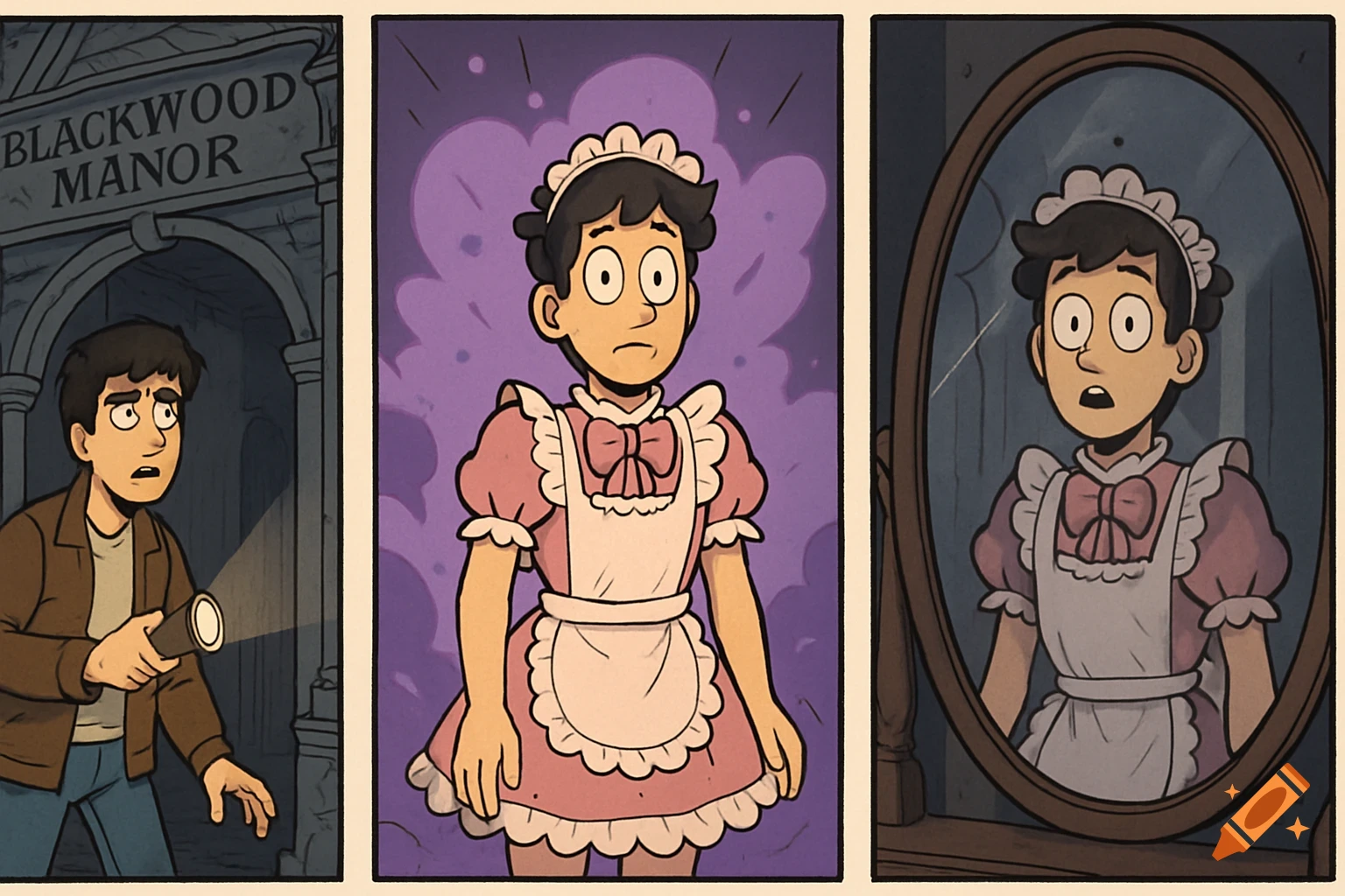 Three-panel comic of a man entering Blackwood Manor, transforming into a maid, and looking surprised in a mirror.